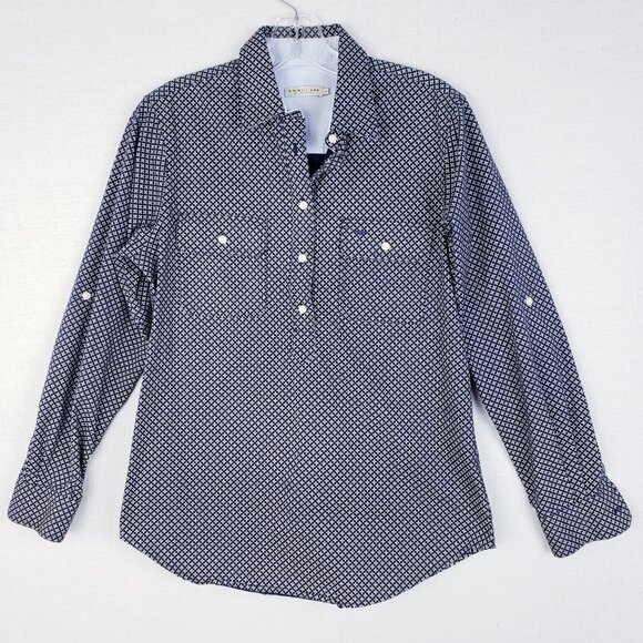 R.M.Williams Australia Cotton Blouse Shirt Printed Women's size 10 Navy Preppy - Picture 1 of 12